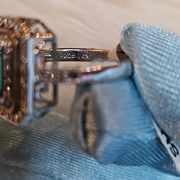 -SOLD- Vintage style, lab created emerald w/real diamonds with silver and 14kt - Picture 7 of 8